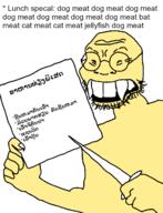 asian buck_teeth dagger glasses gook holding_object holding_sign laos laotian_text lunch menu open_mouth soyjakyjak stubble text variant:soykio_kid yellow_skin // 989x1293 // 122.9KB