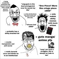 3soyjaks anime berserk clenched_teeth crying guts_(berserk) hair manga text variant:el_perro_rabioso variant:feraljak variant:markiplier_soyjak white_hair wordswordswords yellow_teeth // 1170x1168 // 150.9KB