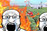 2soyjaks crying farm fire glasses irl_background open_mouth plane plant soyjak stubble variant:markiplier_soyjak // 612x408 // 381.5KB