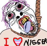 bloodshot_eyes clothes crying deformed flag glasses hanging i_heart_nigger i_love mustache nigger open_mouth proto-slopjak purple_hair rope soyjak stubble suicide text tongue tranny variant:bernd yellow_teeth // 726x711 // 482.0KB