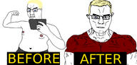 2soyjaks angry arm before_after blue_eyes buff closed_mouth clothes ear glasses hair hand holding_object phone soyjak subvariant:chudjak_front subvariant:muscular_chud text tshirt variant:chudjak vein yellow_hair // 1563x751 // 363.8KB