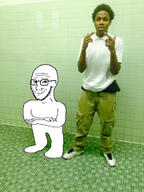 album_cover arm bathroom black_skin closed_mouth clothes foot full_body glasses hair hand irl irl_background jesus_belluci leg limp_pumpo lips looking_at_you middle_finger music raised_eyebrow sagging_pants school shoe smile smirk smug soyjak stubble that_one_fucking_picture_of_nate_being_a_smug_little_bastard variant:soyak // 540x720 // 109.8KB