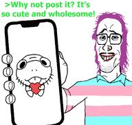 collar collared_shirt excited gape glasses hair heart holding_phone long_hair mullet mustache nose_piercing nose_ring phone purple_hair raised_eyebrows red_lips showing_phone showing_something subvariant:mulletjak_phone transgender_flag troon variant:mulletjak variant:uglyfuckingthing wholesome // 1352x1278 // 163.5KB