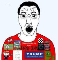 amphibian buck_breaking donald_trump frenschan frog glasses hair its_okay_to_be_white kekistan murdoch_murdoch nas:pepe national_justice_party nazism open_mouth pepe_the_frog r_thedonald reddit snoo soyjak subvariant:chudjak_front swastika text variant:chudjak // 1607x1651 // 756.6KB