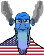 angry bald bloodshot_eyes blue blue_skin calm closed_mouth ear flag flag:united_states fume glasses ogre_ears smoke soyjak stretched_chin stubble subvariant:longplier text united_states variant:markiplier_soyjak // 823x1030 // 71.3KB