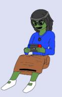 arm beanie blue_eyes clothes female frog full_body glasses green green_skin hair hand hat holding_object leg marvel necklace nintendo nintendo_switch open_mouth pepe shoe skirt soyjak variant:soytan video_game // 807x1258 // 136.0KB