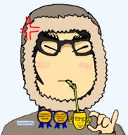 2soyjaks anger_mark angry anti_anti_soytan antiswarthy_(namefag) asian award closed_mouth clothes eskimo female glasses hair hand holding_object sip soyjak variant:soytan yellow_skin // 659x697 // 97.9KB