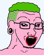 beard black_sclera earring eyelashes female glasses green_hair hair open_mouth pink_skin pooner subvariant:female_soyak tranny variant:soyak // 644x800 // 17.3KB