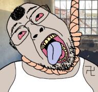 bloodshot_eyes cell clothes dead grey_skin hair hanging irl_background jail mohawk nazism open_mouth prisoner rope russia sleeveless_shirt soyjak stubble suicide swastika tesak tongue variant:bernd yellow_teeth // 768x719 // 286.6KB