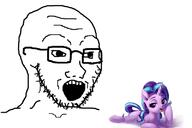 glasses horse meme my_little_pony op_is_a_retarded_lazy_faggot_for_not_tagging_his_own_shit open_mouth pony purple_hair purple_skin shocked soyjak starlight_glimmer surprised variant:soyak wojak // 800x533 // 124.8KB
