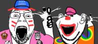 4soyjaks animal artist:fuck_all_liberals badge cap clothes clown cow dog ear fal glasses hand hat israel joe_biden lgbt open_mouth orange_shirt penguin pink_shirt soyjak stubble subvariant:fingerboy text variant:a24_slowburn_soyjak variant:bernd variant:impish_soyak_ears zebra // 1366x617 // 669.6KB