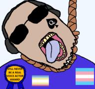 ace_of_spades ack award eclipsed_vo glasses goyslop hanging headphones noose paper_bag pedophile stubble sunglasses text tranny tumblr variant:bernd youtuber // 768x719 // 39.1KB