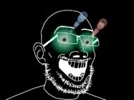 black_skin ear glasses glowing_eyes inverted open_mouth smile soyjak stubble thougher variant:lemmuel // 800x600 // 110.0KB