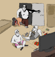 4soyjaks arm bald beaten bed biting_lip blood blush chips clothes controller crazed door foot full_body glasses hand holding_object inverted_eye_color leg man_tits queen_of_spades room shirtless sock spadeson stubble subvariant:hornyson television variant:cobson variant:soytan videogames // 824x861 // 307.2KB