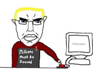 angry badge button chud closed_mouth computer ear glasses millions_must_die nate soyjak text variant:chudjak yellow_hair // 772x600 // 139.9KB