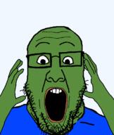 blue_shirt frog glasses green_skin hand hands_up pepe stubble subvariant:ppplier variant:markiplier_soyjak variant:ppp // 673x800 // 40.0KB