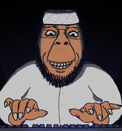 arab arm beard brown_skin clenched_teeth clothes fat glasses grin hand islam keyboard long_nails smile taqiyah typing variant:bernd yellow_teeth // 1906x2048 // 332.8KB