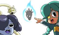 annie_(skullgirls) blue_hair blue_skin bone clothes female fire green_hair hair meta:nas monster open_mouth redraw skull_heart skullgirls soy_parody squigly_(skullgirls) star the_stars variant:two_pointing_soyjaks video_game white_skin // 2500x1500 // 761.4KB