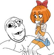 arm bowtie buff clothes cross_eyed deformed female glasses hair hand holding_object looking_at_each_other mymy necktie nipple ongezellig orange_hair orange_skin skirt smile soyjak stubble subvariant:emmanuel subvariant:wholesome_soyjak swolesome variant:gapejak wink // 1020x1050 // 465.6KB