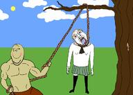 2soyjaks arm bokoen1 closed_mouth cloud girls_und_panzer grass hand hanging holding_object holding_rope leg lynching skirt sky smile soyjak spudgun_official stubble subvariant:wholesome_soyjak sun tree variant:bernd variant:gapejak // 1200x857 // 132.8KB