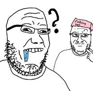 bald clothes double_chin drool duo forehead_mark glasses hat question_mark retard smile stubble thinking thinking_cap two_soyjaks variant:retard_duo // 1125x1093 // 68.3KB