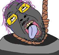 clothes dead glasses grey_skin hair hanging lolkek mustache open_mouth purple_hair rope soot_colors soyjak stubble suicide tongue tranny variant:bernd // 768x719 // 333.2KB