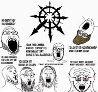 chaos chaos_star corrupted glasses hair meme meta:tagme multiple_soyjaks text variant:a24_slowburn_soyjak variant:gapejak variant:markiplier_soyjak2 variant:soyak warhammer // 811x766 // 489.4KB