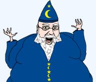 beard blue_shirt body clothes crescent fat hand hat long_beard magician moustache obese old open_mouth pajamas robe rotten_teeth star_(symbol) variant:mutaharjak white_hair white_skin wizard wizard_hat yellow_sclera yellow_teeth // 1287x1100 // 32.5KB