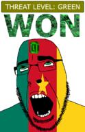 ahegao cameroon country emerald flag flag:cameroon gem glasses green green_eyes hair looking_up open_mouth schlog_color_event soyjak soyjak_blog star_(symbol) stubble teeth text threat_level_green variant:cobson won // 721x1115 // 145.2KB