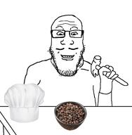 arm chef clothes glasses hammer hand hat holding_hammer holding_object looking_down mustache pepper smile soyjak stubble table variant:markiplier_soyjak // 1388x1418 // 301.2KB