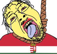 bloodshot_eyes crying eyelashes glasses hair hanging hungary mustache open_mouth rope soyjak stubble suicide tongue variant:bernd yellow_teeth // 768x719 // 62.9KB