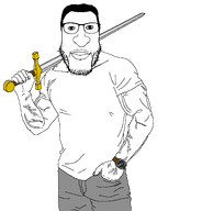 arm big_nose buff closed_mouth clothes glasses hair hand holding_object holding_sword leg lips looking_at_you muscles mustache nose stubble subvariant:carbjak subvariant:chudplier sword transparent_background variant:markiplier_soyjak vein white_skin wrinkles wristwatch // 1834x1913 // 204.1KB