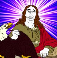 animal bird brown_hair christianity classical_art_parody clothes eagle freemasonry holding_object john_the_evangelist religion soyjak subvariant:chudjak_front variant:chudjak // 800x818 // 478.2KB