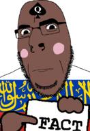 arabic_text bbc beard blush brown_eyes brown_skin fact flag flag:russia glasses hair hand holding_object holding_sign islam nose_ring russia series:countryaryan_gem! sign soyjak spade stubble text variant:cobson // 775x1127 // 188.7KB