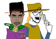 2soyjaks angry anime book brown_skin closed_mouth death_note ear firearm glasses gun hair hol_horse holding_book holding_gun holding_object holding_pistol jojos_bizarre_adventure millions_must_die oingo_boingo_brothers open_mouth pistol revolver soyjak stubble subvariant:chudjak_front variant:chudjak variant:gunjak weapon yellow_hair // 1219x861 // 203.9KB