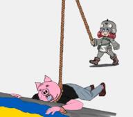 animal arm bloodshot_eyes buhanka_chan clothes country ear flag full_body hair hand hohol leg oink open_mouth pig pink_skin rope russia russo_ukrainian_war soyjak stubble subvariant:massjak subvariant:wholesome_soyjak tshirt ukraine united_states variant:gapejak z_(russian_symbol) // 811x713 // 220.0KB