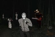 5soyjaks chainsaw closed_mouth clothes cry_of_fear dark full_body holding_object hoodie monster night open_mouth soyjak subvariant:chudjak_front subvariant:wholesome_soyjak variant:bernd variant:chudjak variant:gapejak variant:markiplier_soyjak video_game // 1336x900 // 437.6KB