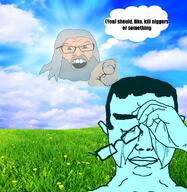 artist:catjakker blue_skin calm cloud crying ear glasses god grass open_mouth pointing sky smile variant:chudjak variant:feraljak // 2500x2573 // 6.0MB
