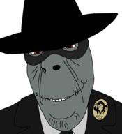badge closed_mouth clothes hat metal_gear necktie red_eyes skull_face smile soyjak suit variant:cobson video_game // 850x931 // 117.3KB