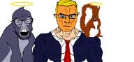 blond blue_eyes buff clothes donald_trump gorilla harambe orange_skin peanut_the_squirrel squirrel squirreljak subvariant:muscular_chud suit variant:chudjak variant:feraljak // 2000x929 // 218.6KB