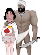 2soyjaks arm artist:romanian_schizo brown_skin buff closed_mouth clothes ear eyelashes frown gem_skin hair hand holding_object holding_sword implied_rape morocco pregnant soyjak spade spain stubble subvariant:hornyson sword turban variant:cobson variant:impish_soyak_ears weapon white_skin // 1456x1886 // 1.2MB