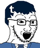 blue_hair clothes glasses hair necktie open_mouth soyjak stubble suit tumblr variant:soyak // 677x800 // 27.5KB