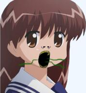 anime brown_hair clothes ear mahoraba open_mouth soyjak tamami_chanohata variant:gapejak white_skin yellow_teeth // 442x477 // 252.7KB