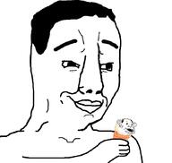 amerimutt arm closed_mouth food hair hand holding_object ice_cream smile soyjak variant:chudjak // 883x839 // 33.4KB