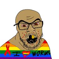 aids bloodshot_eyes brown_skin churka faggot flag:gay_pride_flag ribbon unibrow variant:feraljak worm worms // 659x671 // 150.8KB