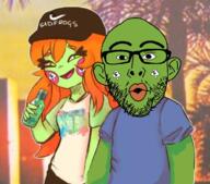 arm bottle clothes ear female frog glasses grey_skin hand hat holding_object open_mouth orange_hair pepe soyjak spade stubble tattoo tshirt variant:nojak // 1000x878 // 654.8KB