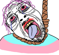 aliased bloodshot_eyes crying lipstick noose open_mouth purple_hair purple_tongue rope sleep_deprived soyjak suicide tired tongue tongue_out tranny transparent_background troon variant:bernd wrinkles yellow_teeth // 768x719 // 72.8KB