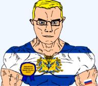 animal arm award bird blue_eyes buff christianity closed_mouth clothes crown eagle eastern_orthodox eyes_like_the_o-o-cean flag flag:kherson_oblast flag:russia glasses hair kherson_oblast orthodox_cross plant russia soyjak subvariant:chudjak_front subvariant:muscular_chud text transparent transparent_background tshirt ukraine variant:chudjak vein yellow_hair // 1059x929 // 154.3KB