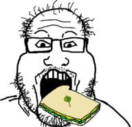 animated blood eating fat glasses hair olive open_mouth sandwich soyjak spit stubble toothpick variant:markiplier_soyjak // 721x691 // 462.0KB