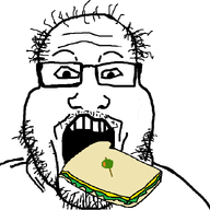 animated blood eating fat glasses hair olive open_mouth sandwich soyjak spit stubble toothpick variant:markiplier_soyjak // 721x691 // 462.0KB